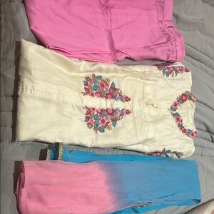 Beautiful Embroidered Cream Kurta set with Pink and Blue Dupatta